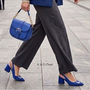 Nicole Miller New York Melrose Blue Faux Suede Slingback Block Heel Pumps 6 NIB